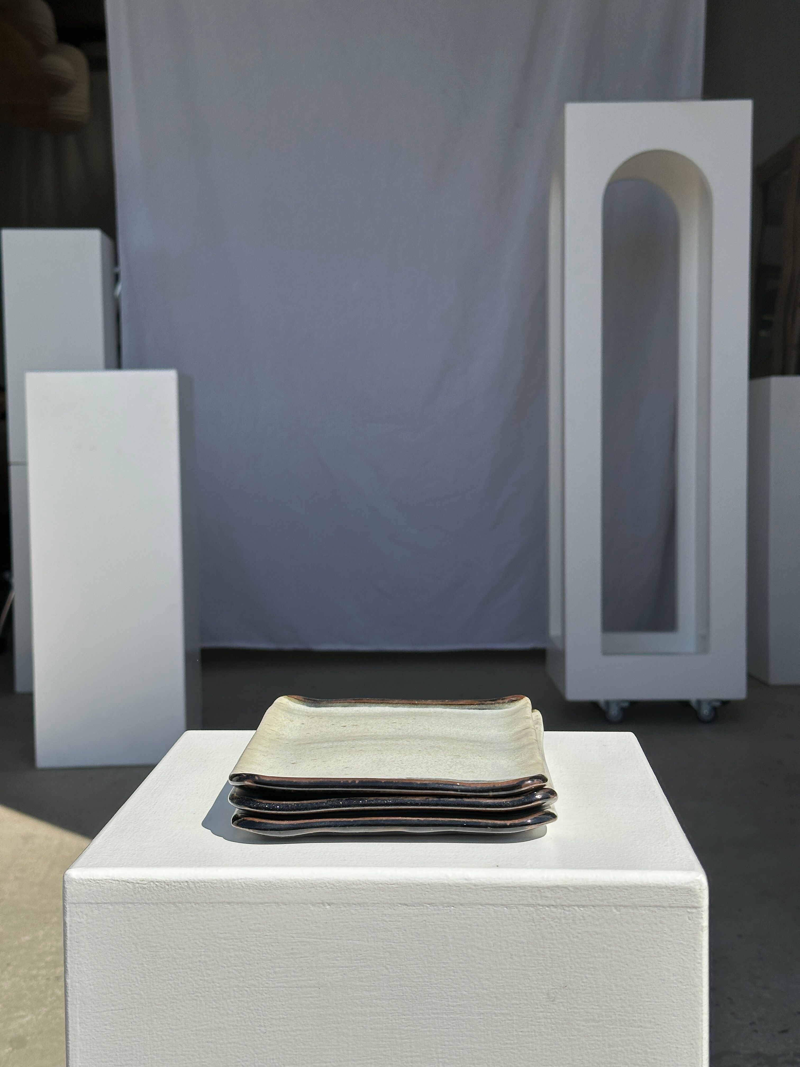 Trio of small rectangular serving dishes white and black Indonesian ceramic 21x16