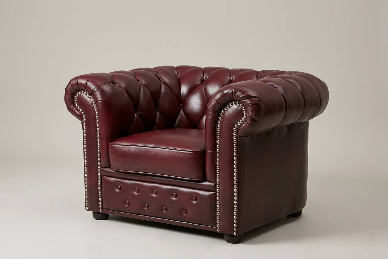 Vintage Chesterfield armchair in burgundy leather - teak frame, 1960s