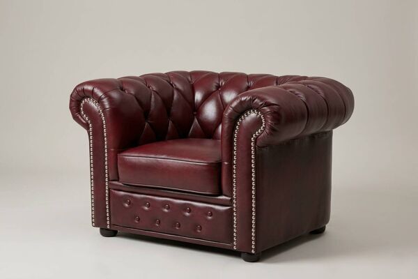 Fauteuil Chesterfield vintage en cuir bourgogne - structure en teck, années 60