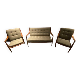 Two-seater sofa and pair of Peter HVIDT armchairs
