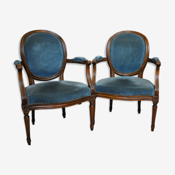 Pair of blue cabriolet armchairs Louis XVI style