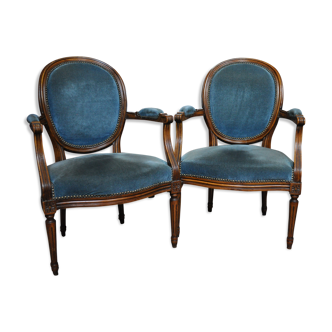 Pair of blue cabriolet armchairs Louis XVI style