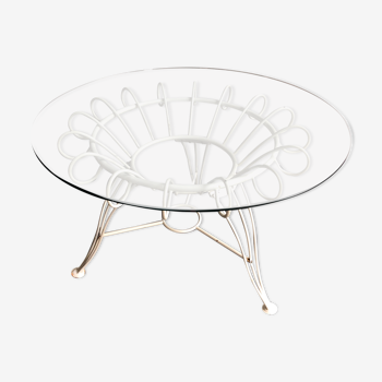 Table ronde en fer avec plateau en verre, 1950s