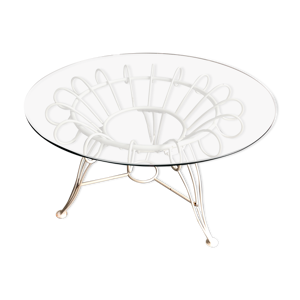 table ronde en fer avec plateau en verre, 1950s
