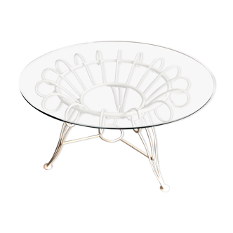 Table ronde en fer avec plateau en verre, 1950s