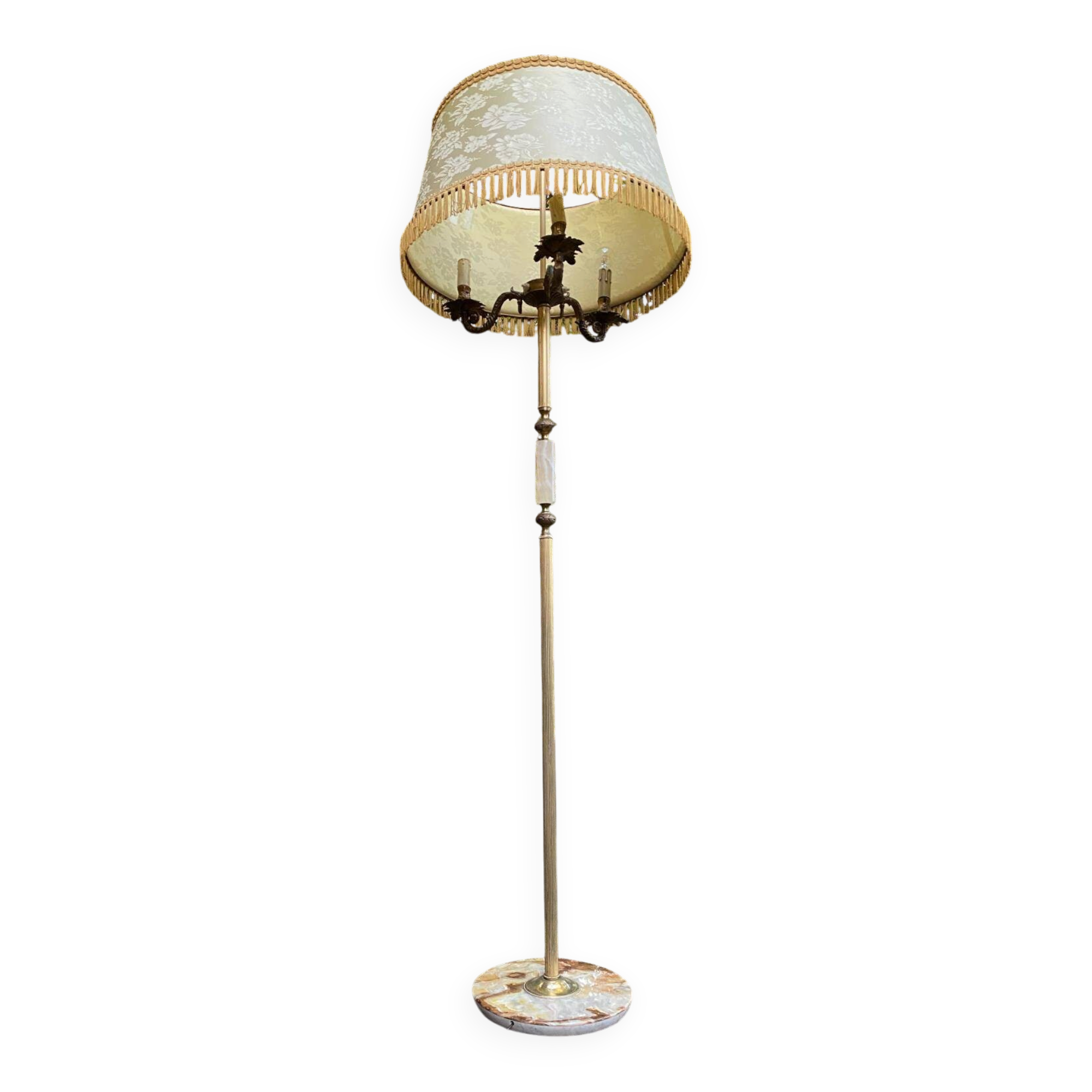 Vintage brass onyx floor lamp with fringed shade.