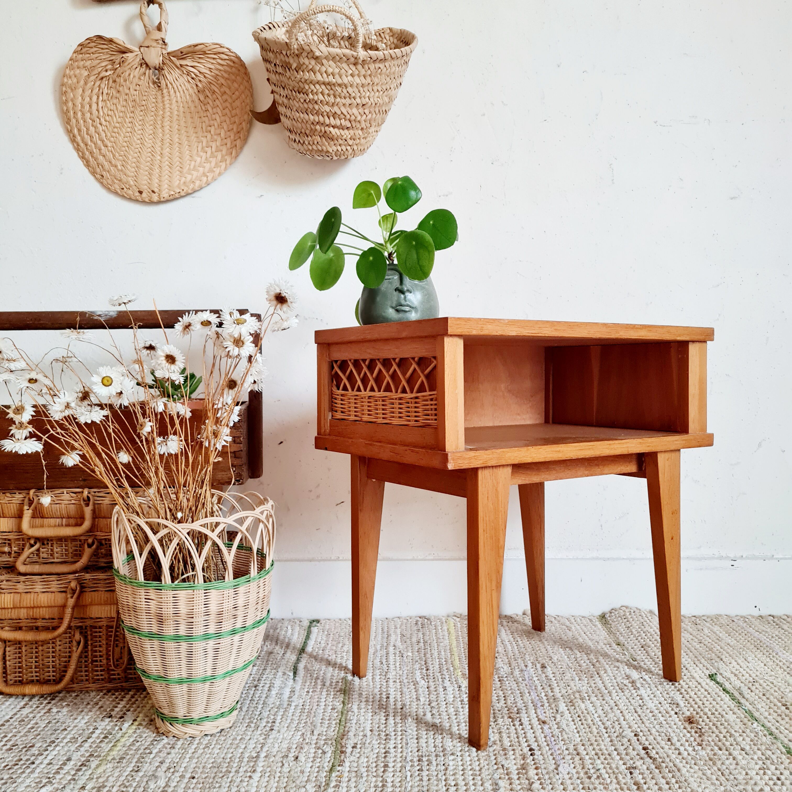 Bedside table wood and rattan compass feet
