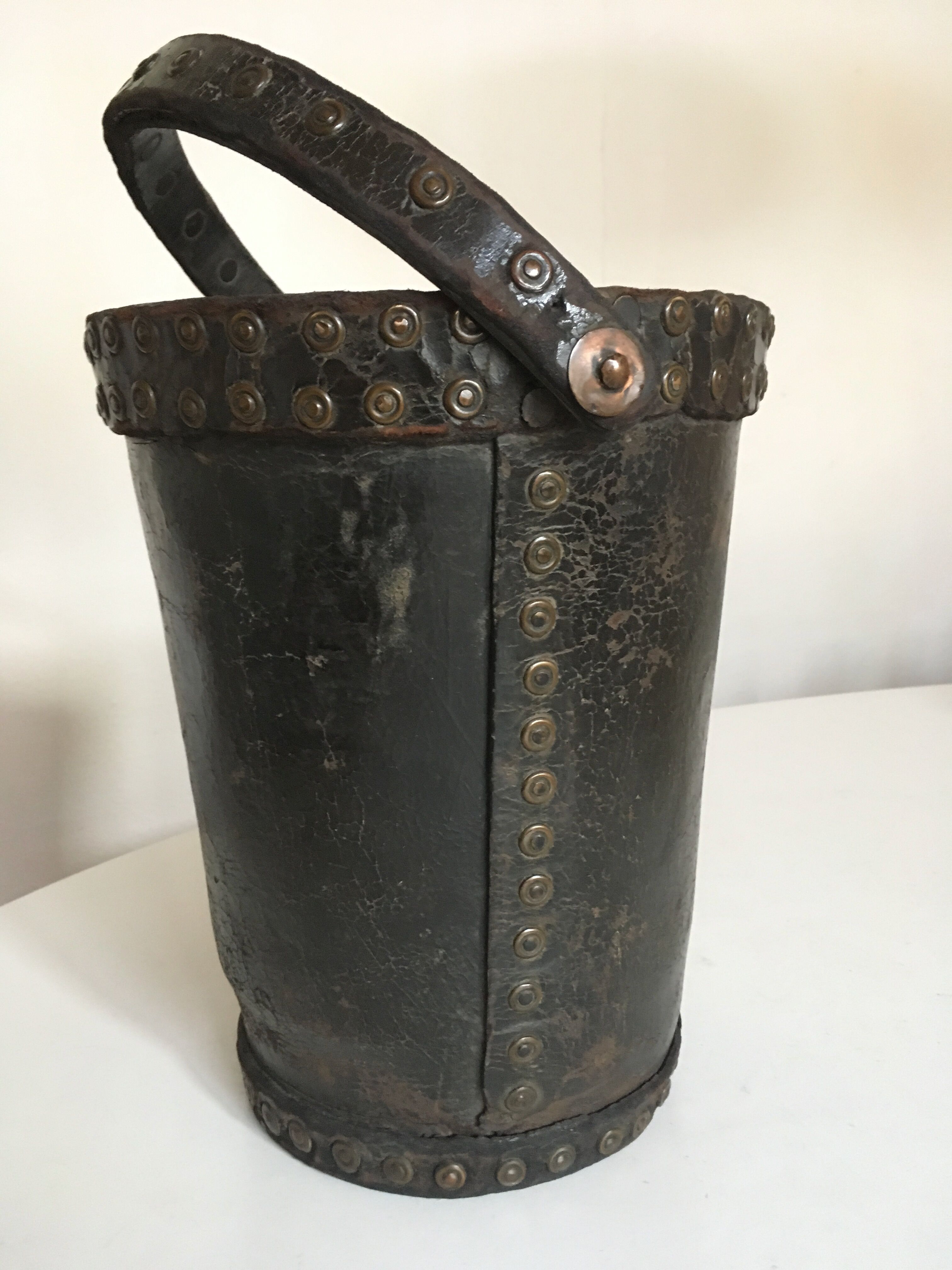Brutalist studded leather wastepaper basket bucket 1920
