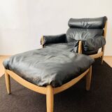 Danish Oak and Leather Lounge Chair with Ottoman