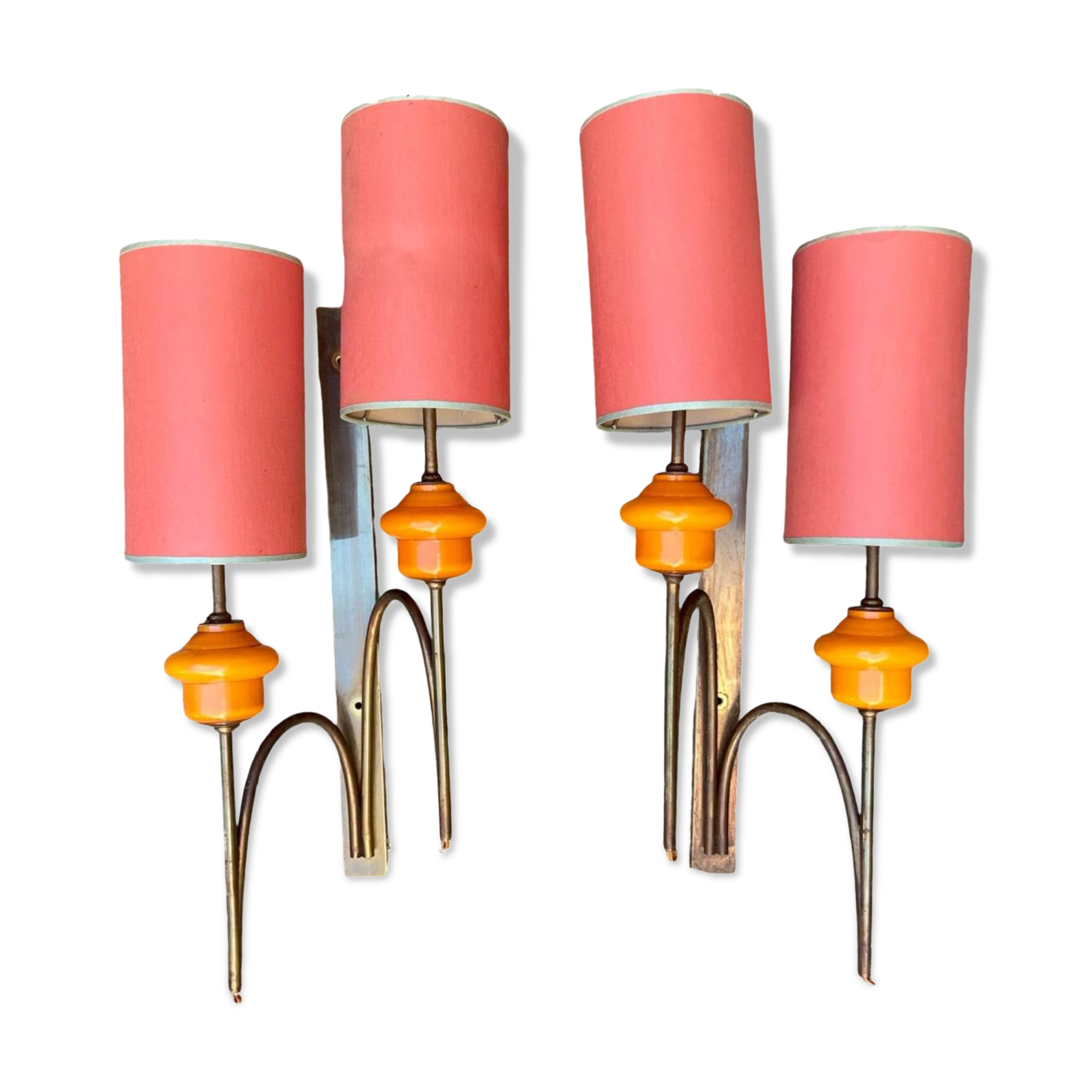 Large pair of wall sconces in brass and orange opaline glass