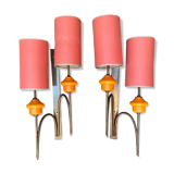 Large pair of wall lights in brass and orange opaline