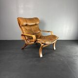 Fauteuil de salon suédois en cuir et bois courbé par Jan Bengstsson, années 1970