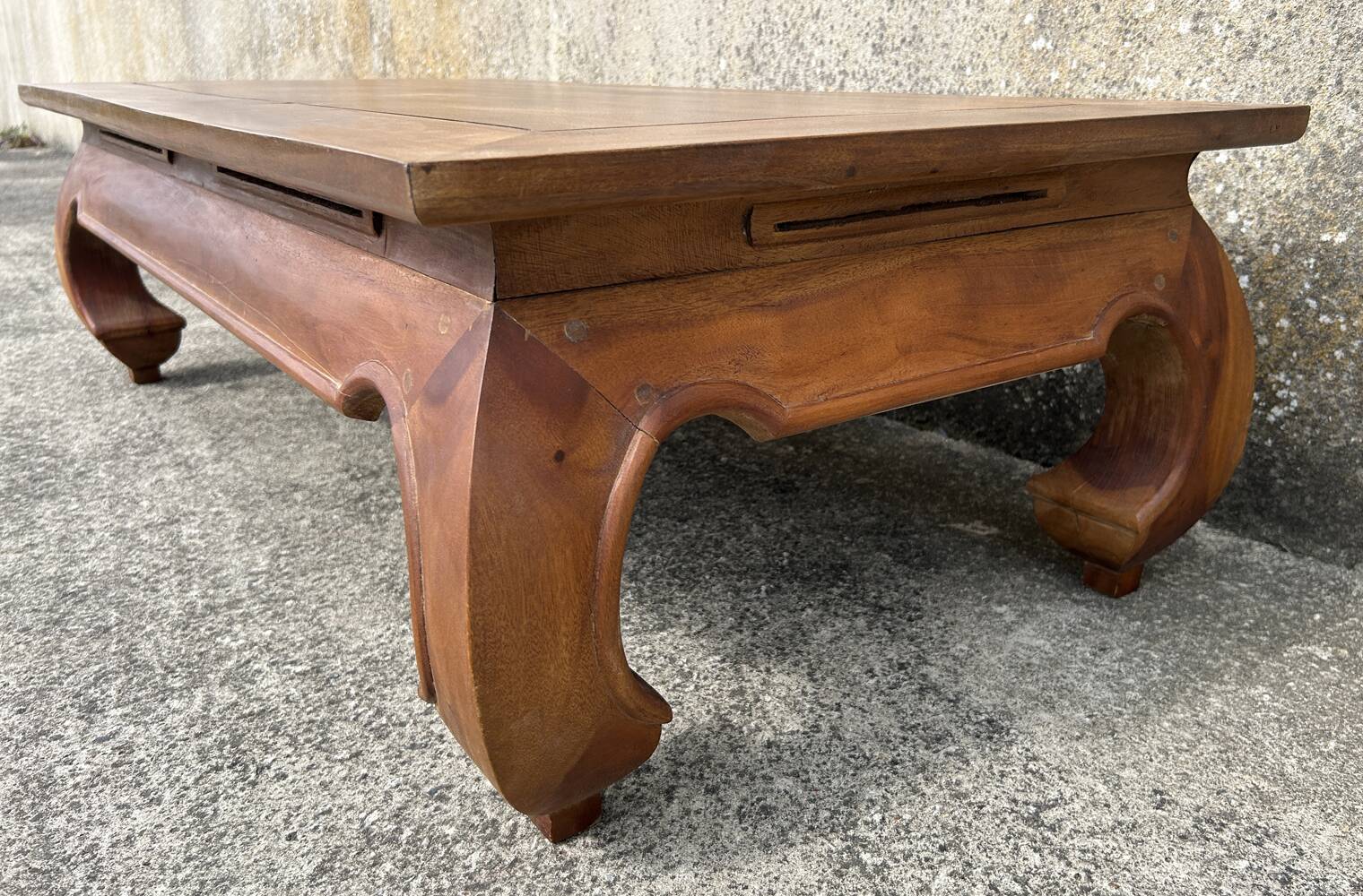 Large solid teak opium coffee table, elephant legs
