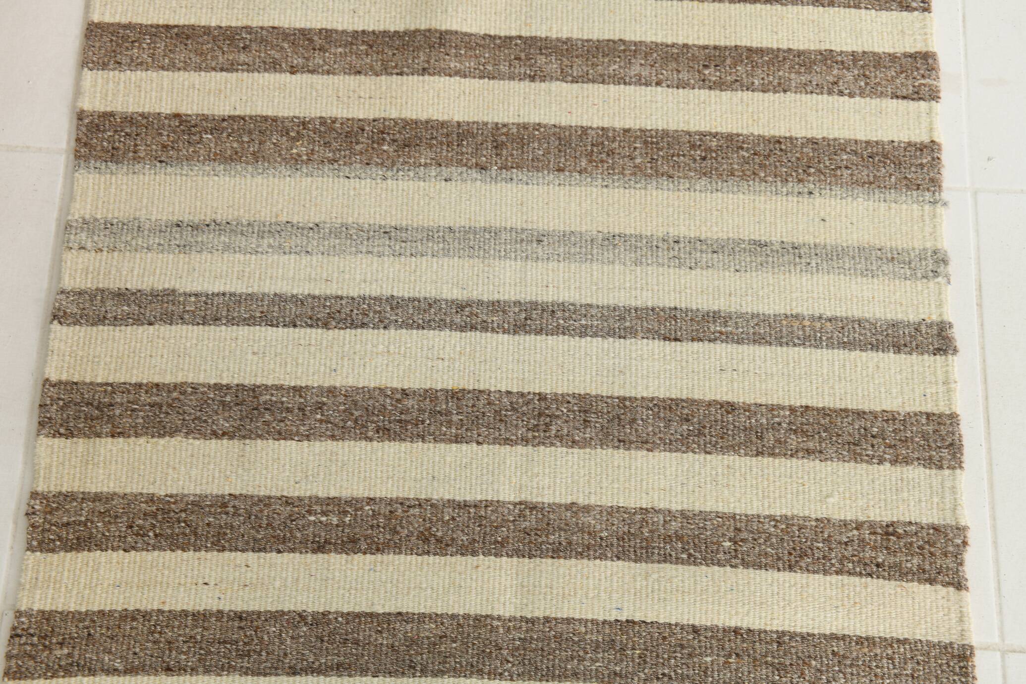 Brown Beige Striped Vintage Kilim Runner Rug, 78x330Cm