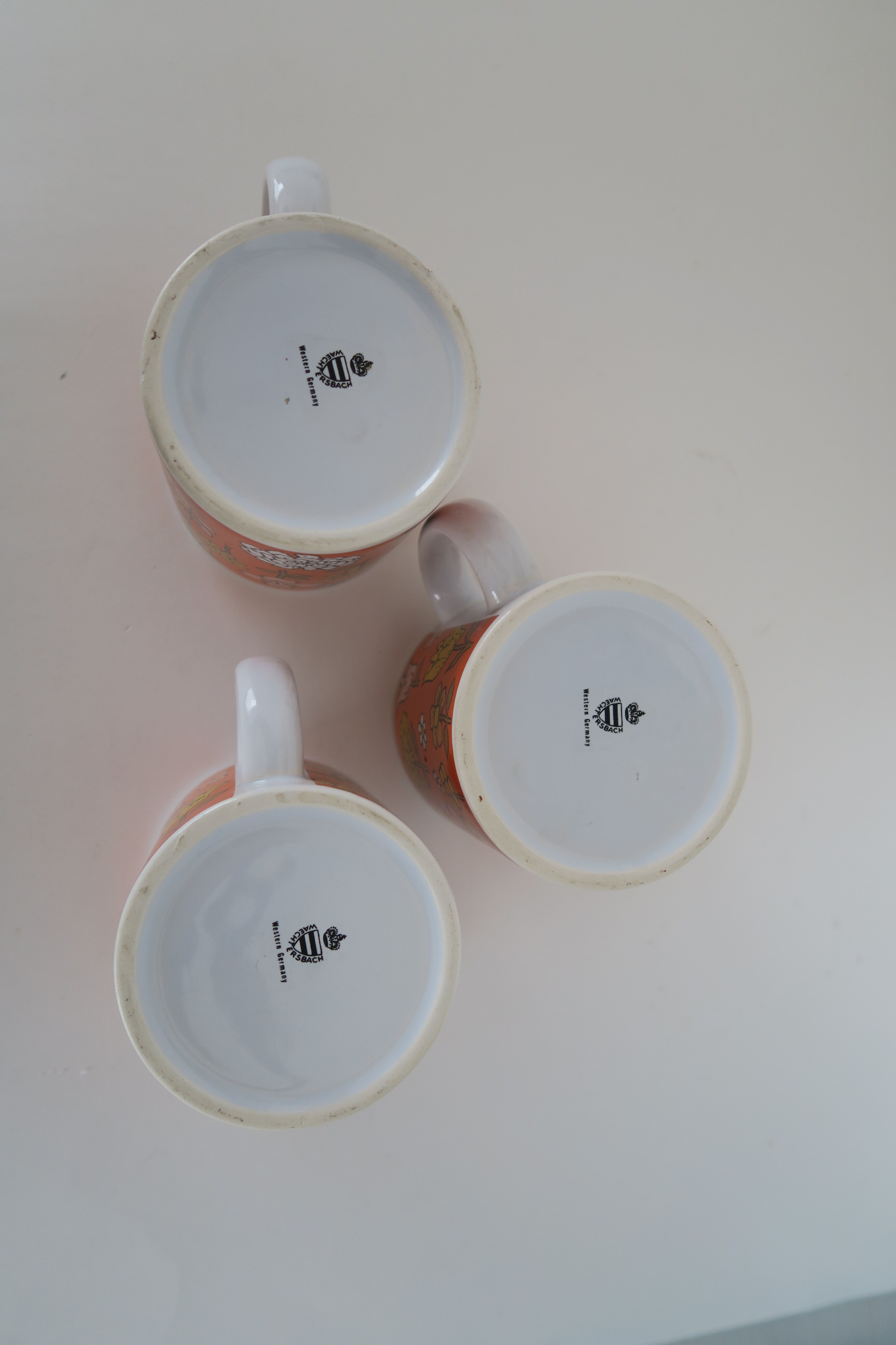 3 Mugs thick porcelain handle 1970 orange flowers Waechtersbach Germany