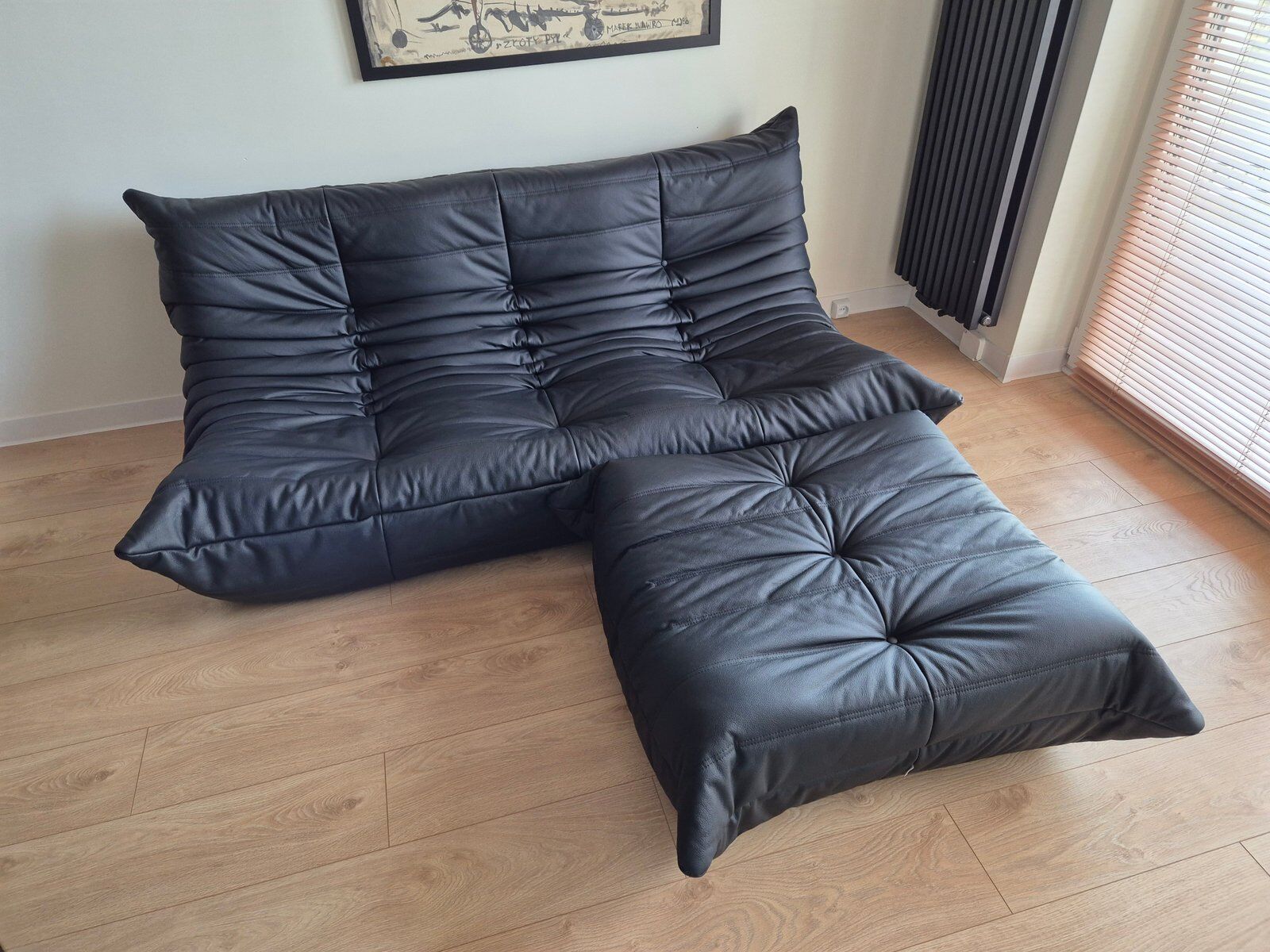 Togo sofa with pouf in black leather by Michel Ducaroy for Ligne Roset, set of 2
