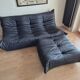 Togo sofa with pouf in black leather by Michel Ducaroy for Ligne Roset, set of 2