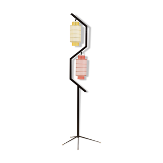 Italian geometric floor lamp with 2 painted glass shades, 1960s