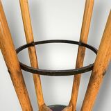 Ancien tabouret de bar en bois massif, métal et skaï vert