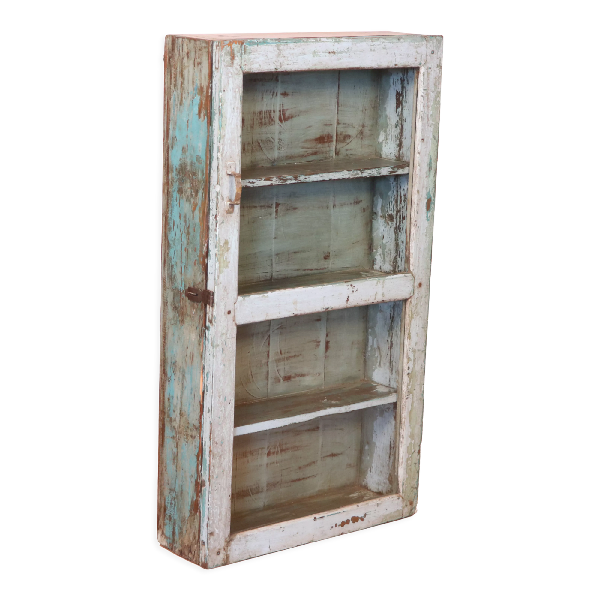 Old wall showcase in original white-blue patina Burmese teak