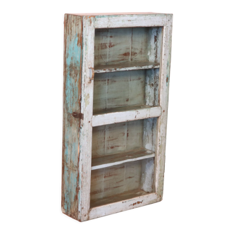 Old wall showcase in original white-blue patina Burmese teak