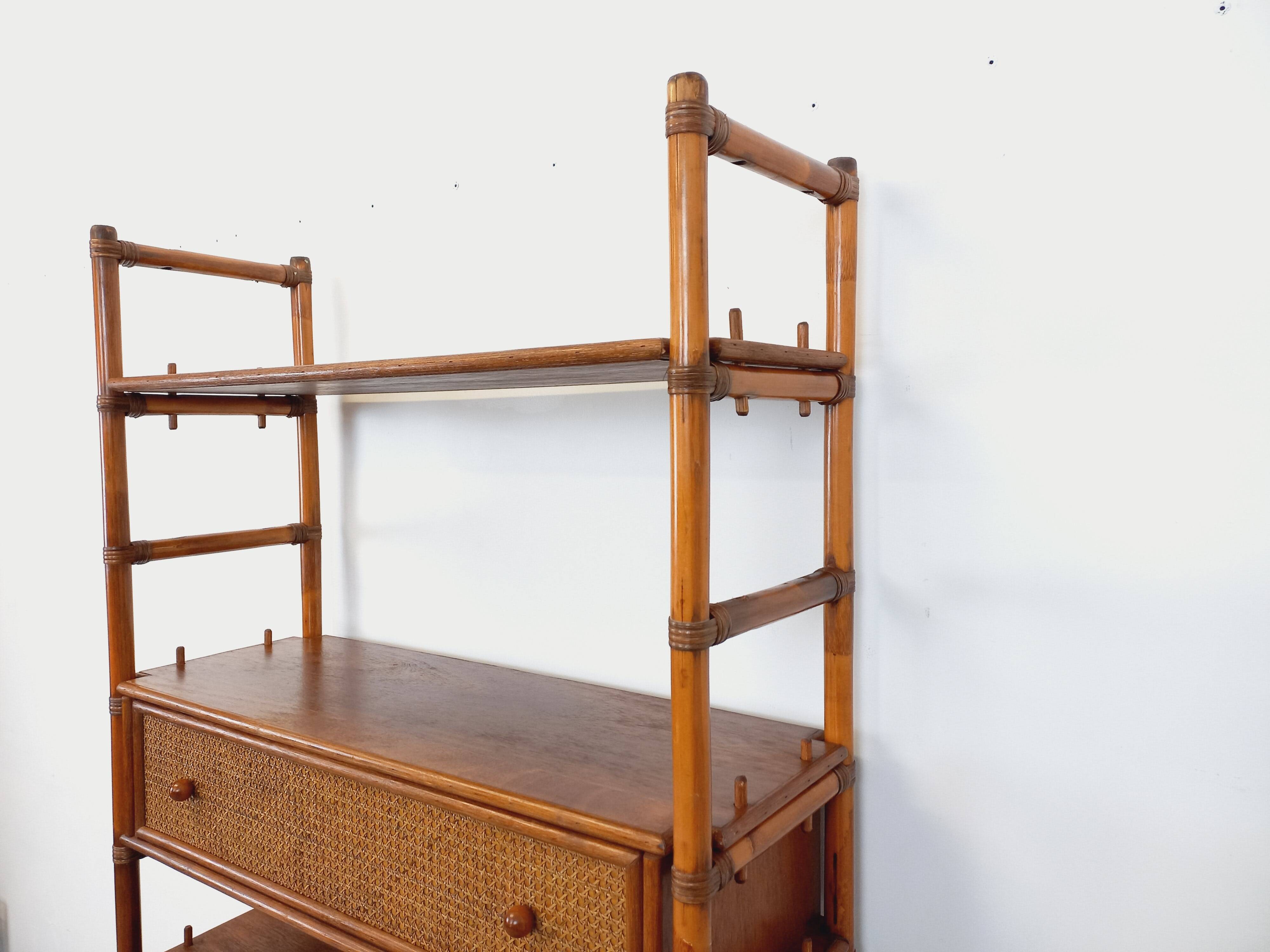 Large vintage rattan, wood and cane bookcase from the 70s