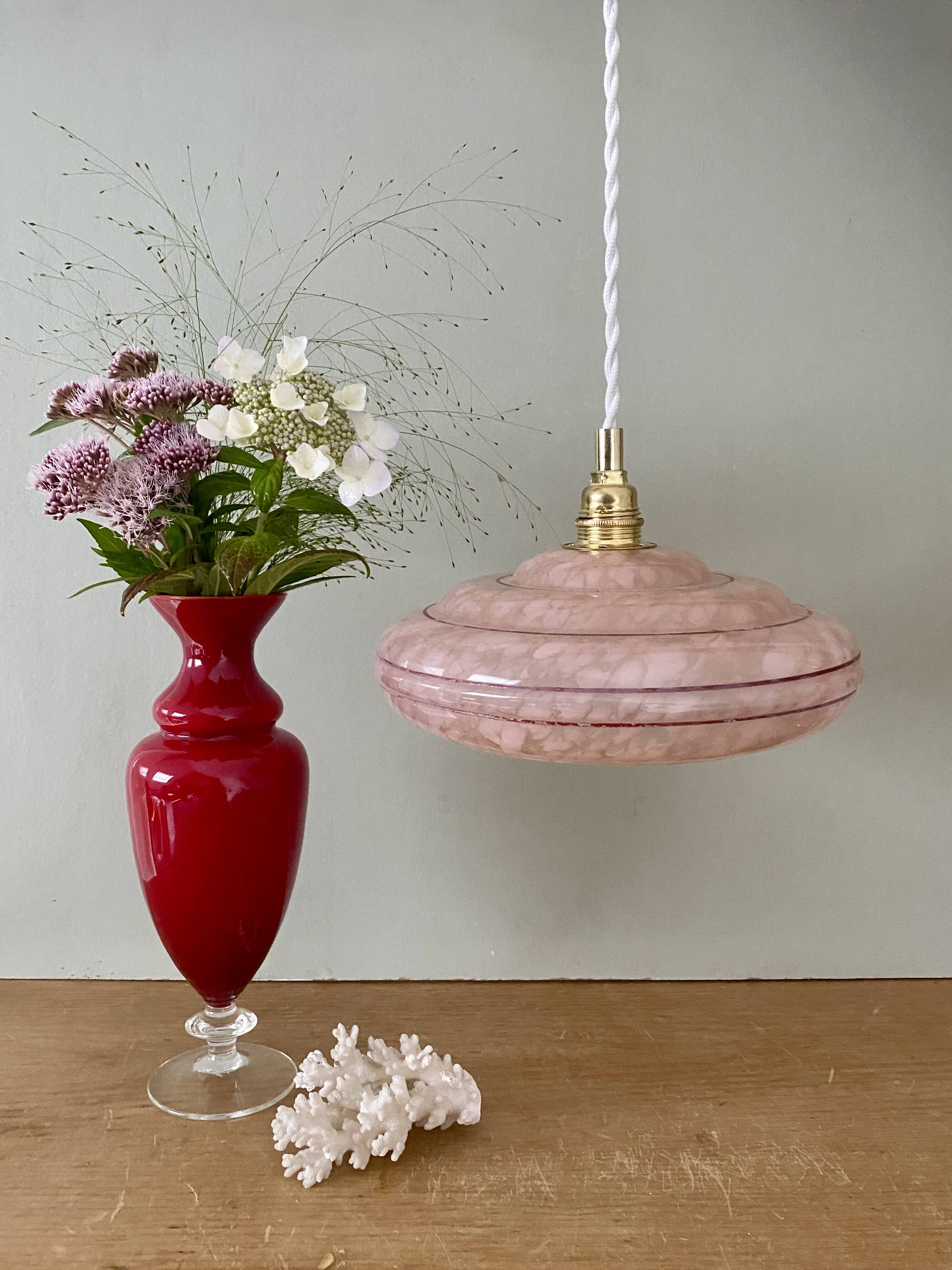 Vintage pink clichy glass lampshade pendant light