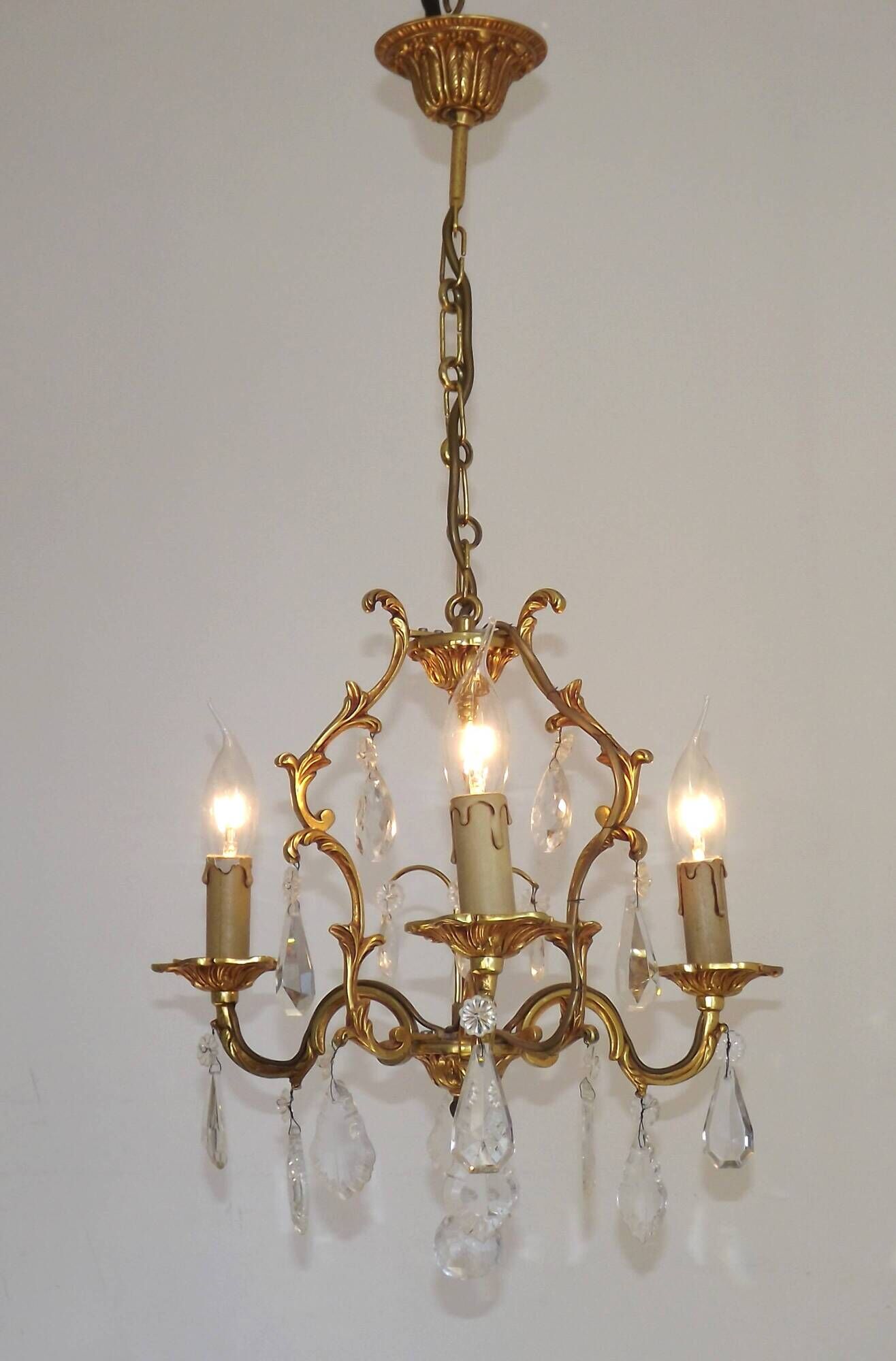 French Vintage Brass Mid Century 3 Light 3 Sided Crystal Cage Chandelier