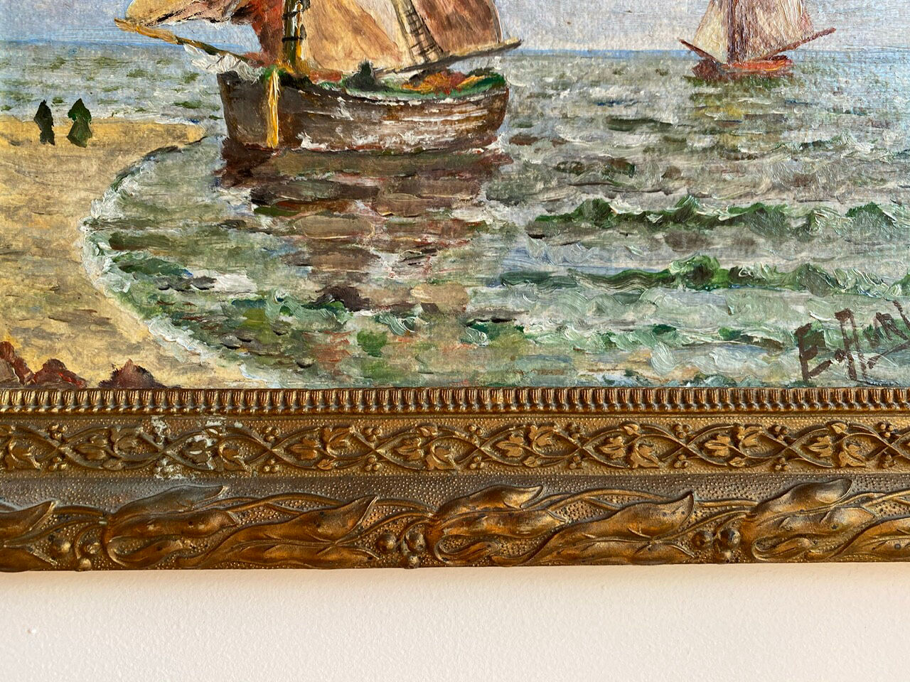 Ancient painting, Marine, signed 20th century