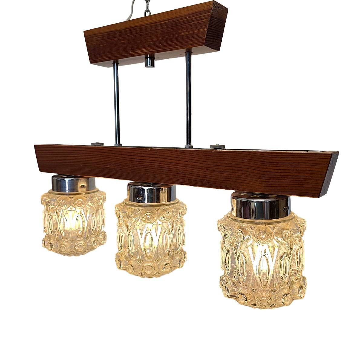 Mid-century pendant lamp with wooden frame and three pressed glass shades,
