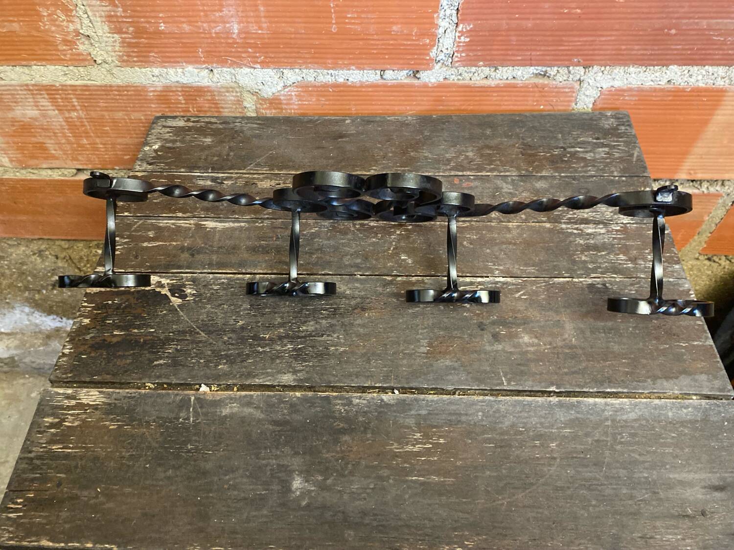 Vintage Wall Coat Rack with 4 Black Wrought Iron Heart-Shaped Hooks