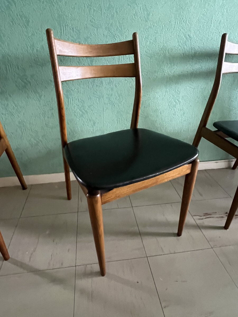 Set of six vintage scandinavian chairs. black faux leather seat, eros edition from around 1960.