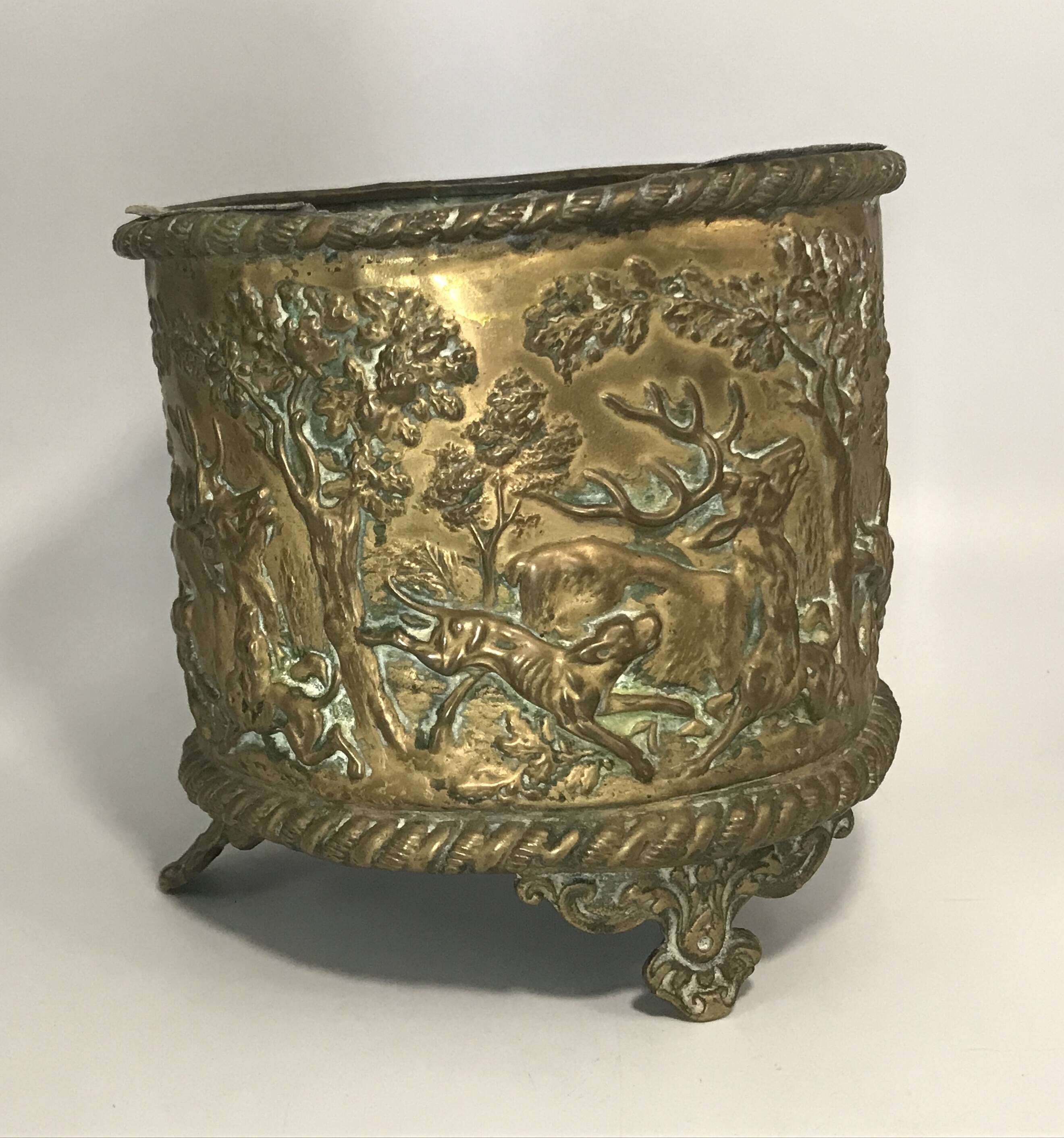 Antique Napoleon III Brass Planter with Embossed Hunting Scene Decor