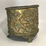 Antique Napoleon III Brass Planter with Embossed Hunting Scene Decor