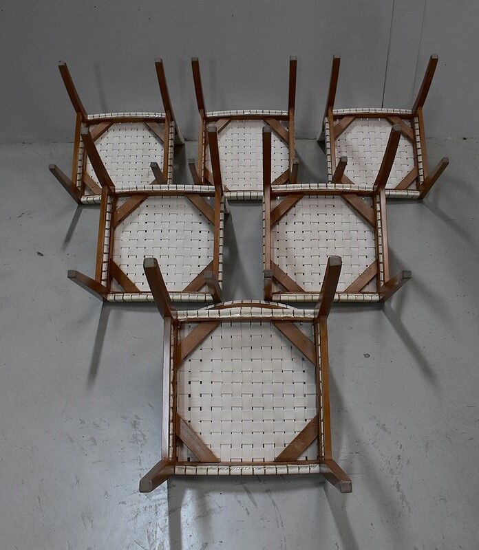 Suite of 6 vintage chairs in light beech late 20th