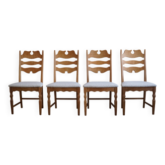 Set of 4 "Razorblade" high back chairs in oak & boucle, Henning Kjærnulf, 1960s