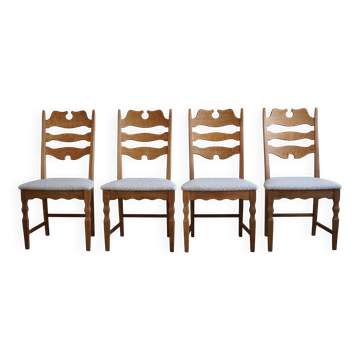 Ensemble de 4 chaises "Razorblade" haut dossier en chêne & Bouclé, Henning Kjærnulf, années 1960