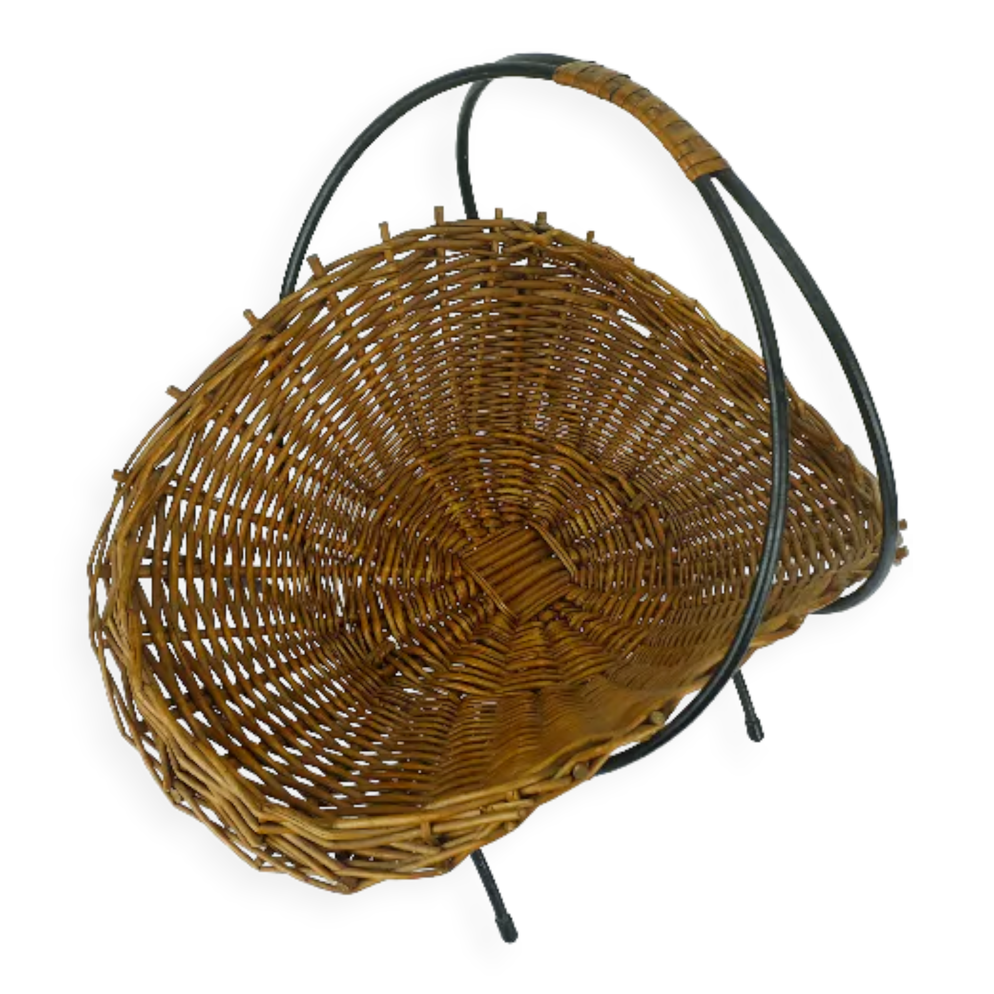willow BASKET with black metal frame mid century 1950s fruit basket