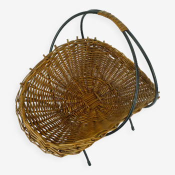 willow BASKET with black metal frame mid century 1950s fruit basket