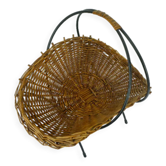 willow BASKET with black metal frame mid century 1950s fruit basket