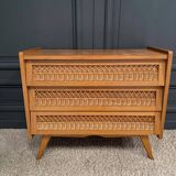 Light oak and rattan chest of drawers with compass feet, three drawers, 1960