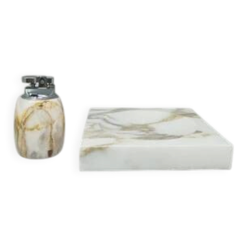 1960s mid-century modern Italian onyx smoking set with table lighter & ashtray