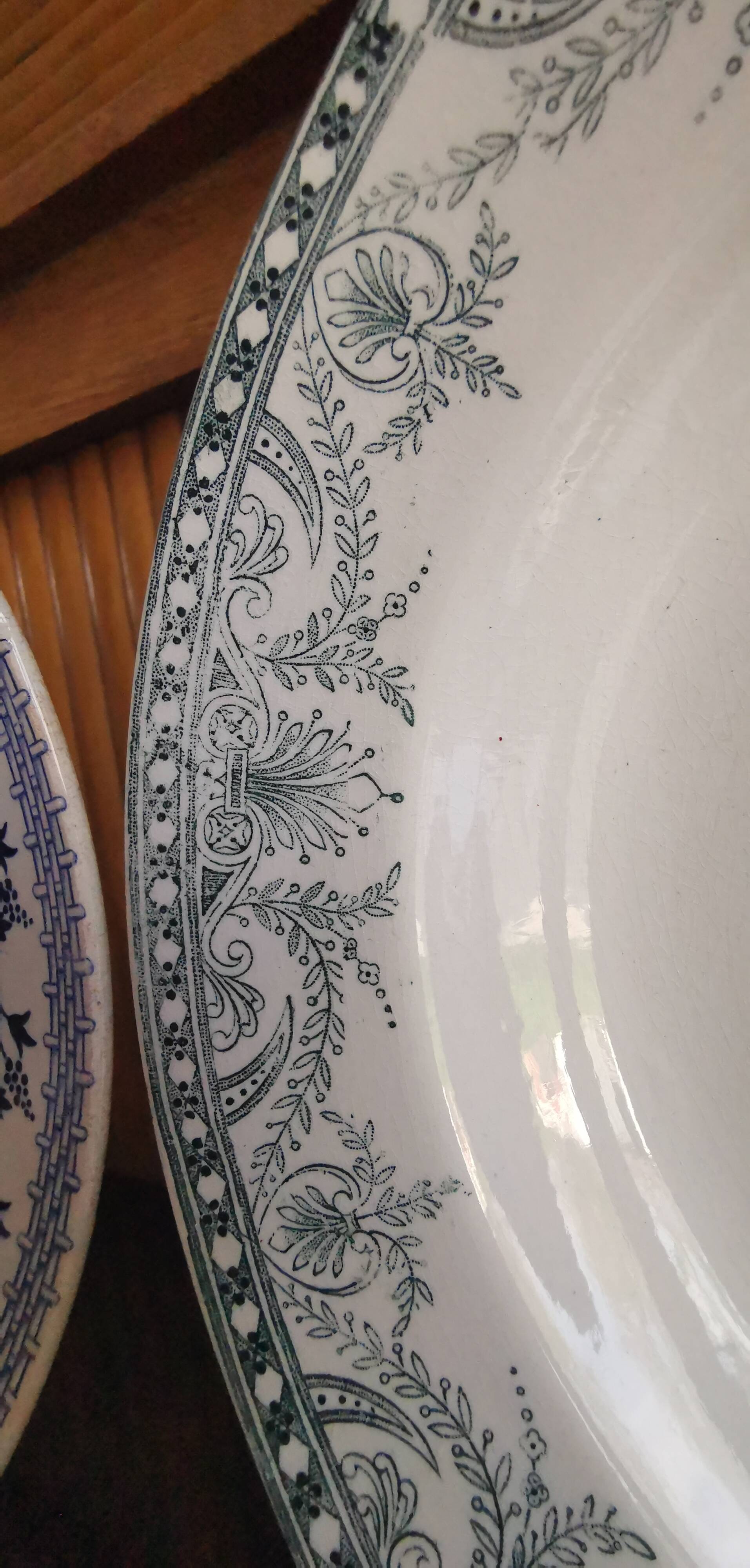 6 old mismatched deep plates Terre de Fer, glass and blue colors