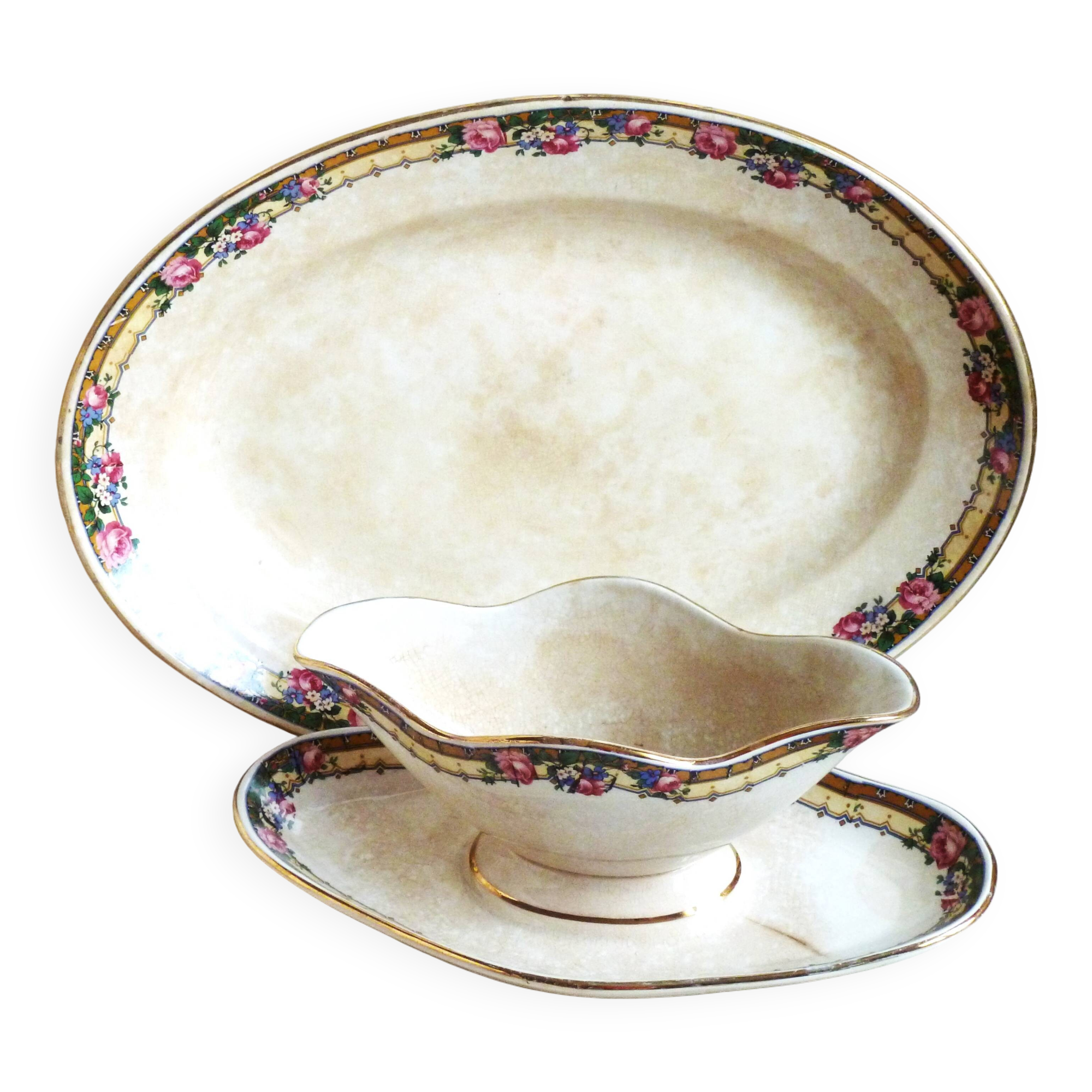 Antique table dish/vegetable dish with sauce boat, vintage crockery from the early 20th century