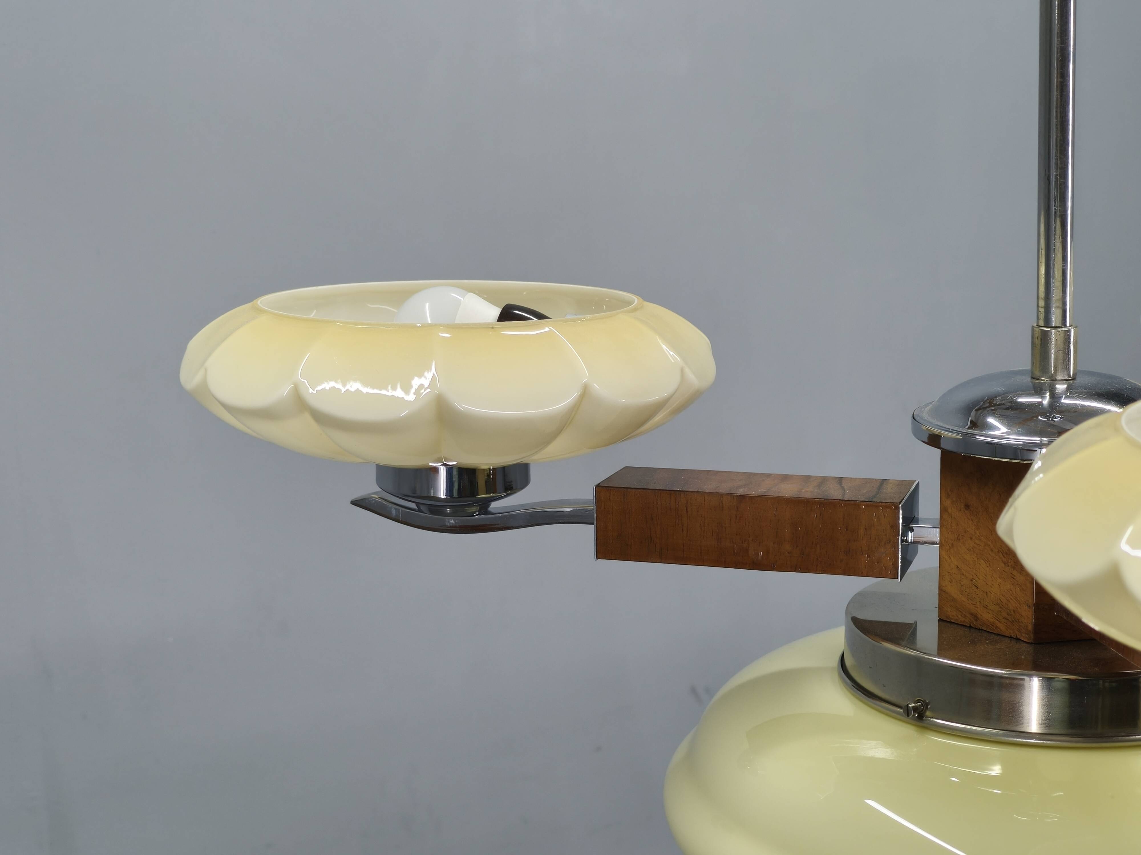 1940s Czechoslovak Art Deco Chandelier in Walnut Chrome and Glass