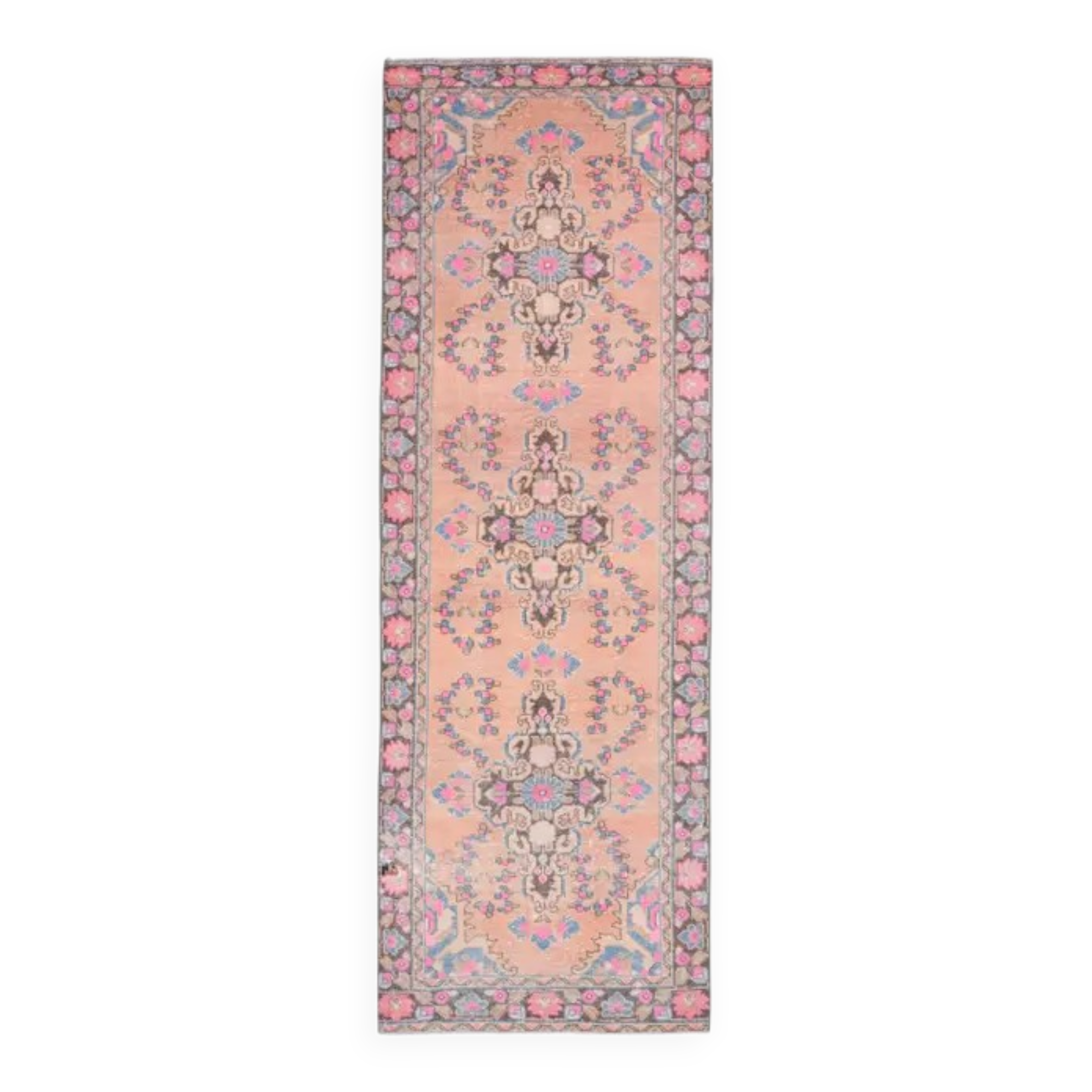 1970s Vintage Turkish Oushak Handmade Wool Cotton Pink Runner Rug 103x302