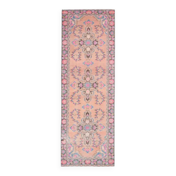 1970s Vintage Turkish Oushak Handmade Wool Cotton Pink Runner Rug 103x302
