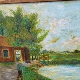 Peinture ancienne signée et datée, paysage animé, peinture à l’huile sur panneau de bois