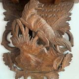 Black Forest carved wooden wall console, harness with wolf decoration