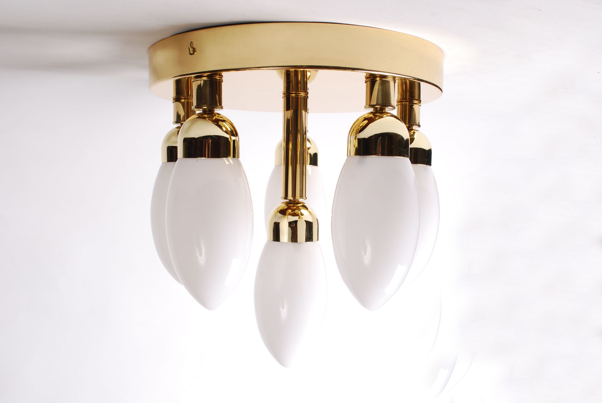 sputnik flush mount, atomic brass ceiling fixture with six opaline cone shaped globes, 1970's